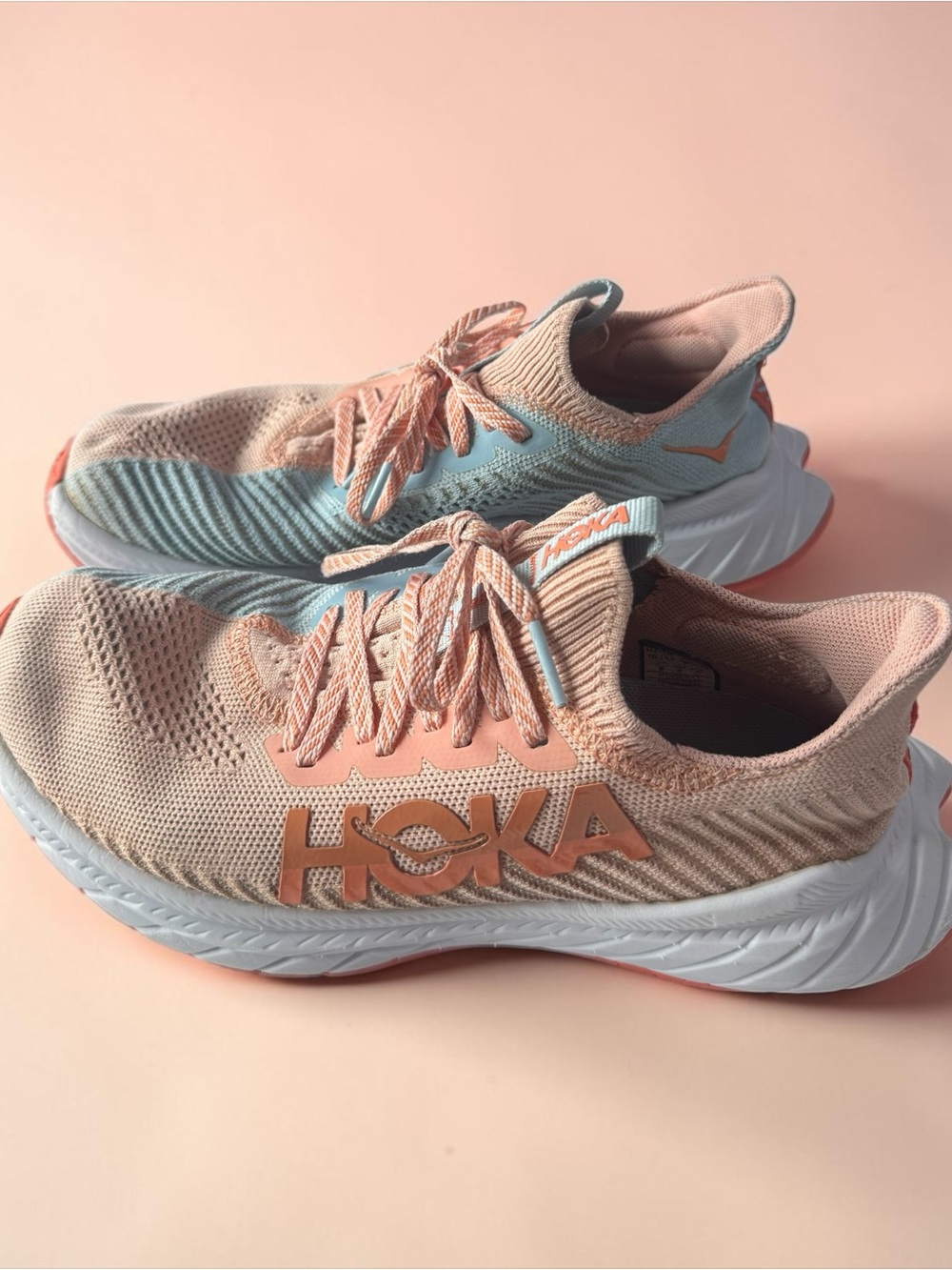 Hoka Women's Coral Peach and Light Blue Running Sneakers - Picture 4 of 7